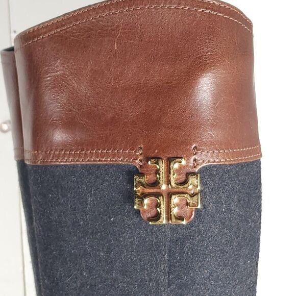 TORY BURCH Women's Eloise US5M Brown Wool Leather Logo Knee High Riding Boots - Picture 12 of 16